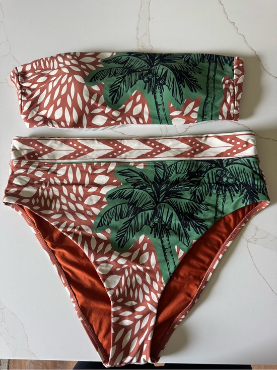 ANTONIO MELANI Other - ANTONIO MELANI Green and Rust Palm-Print Bandeau Bikini Set
